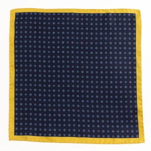 Navy silk pocket square with small flowers and yellow border, flat view