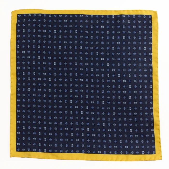 Navy silk pocket square with small flowers and yellow border, flat view