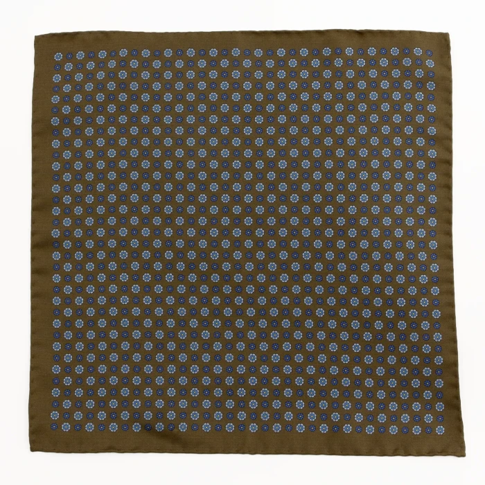 Brown silk pocket square with small rosettes in blue and gold, flat view