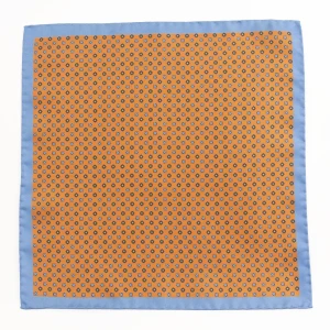 Orange silk pocket square with a fine geometric pattern and blue border, flat view