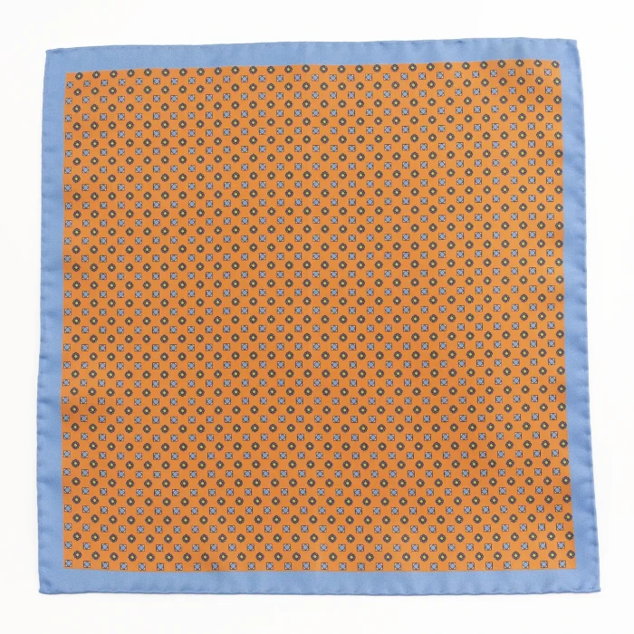 Orange silk pocket square with a fine geometric pattern and blue border, flat view