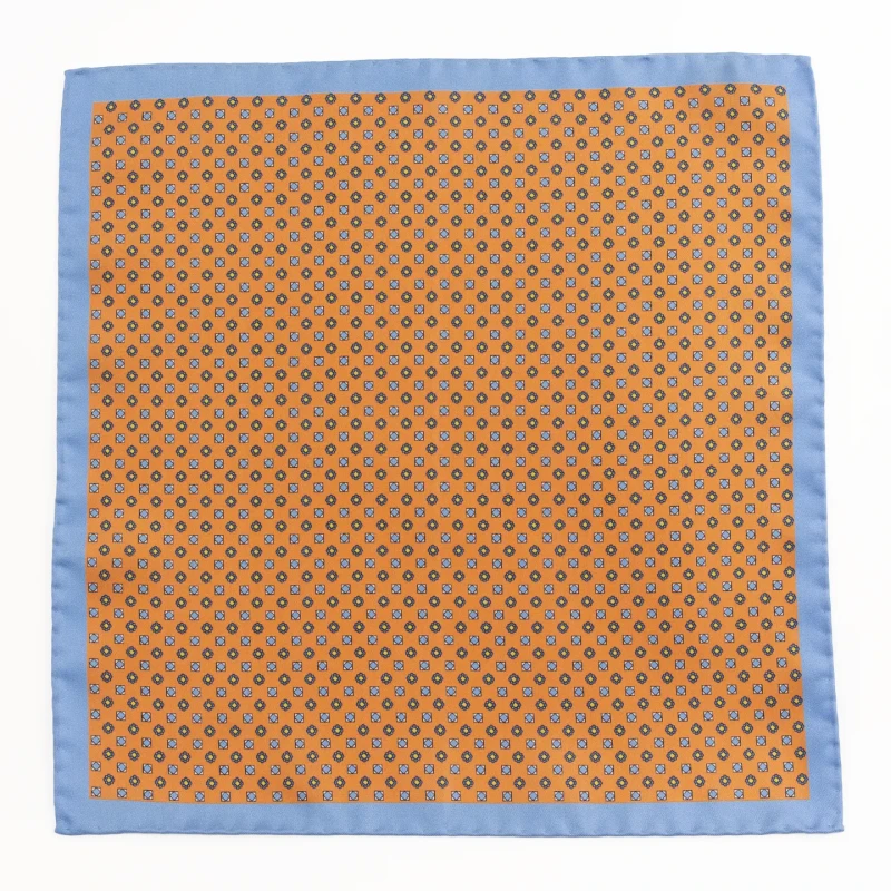 Orange silk pocket square with a fine geometric pattern and blue border, flat view