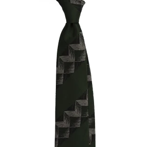 A dark green silk jacquard tie with a geometric pattern, tied in a knot