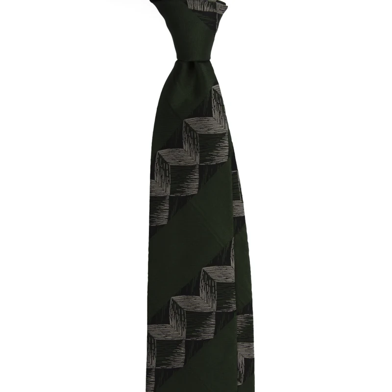 A dark green silk jacquard tie with a geometric pattern, tied in a knot