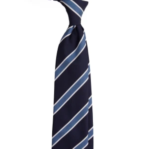 A navy silk jacquard tie with blue stripes and white pinstripes, tied in a knot