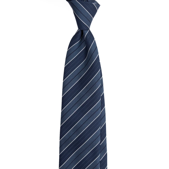 A navy silk jacquard tie with steel blue stripes and white pinstripes, tied in a knot