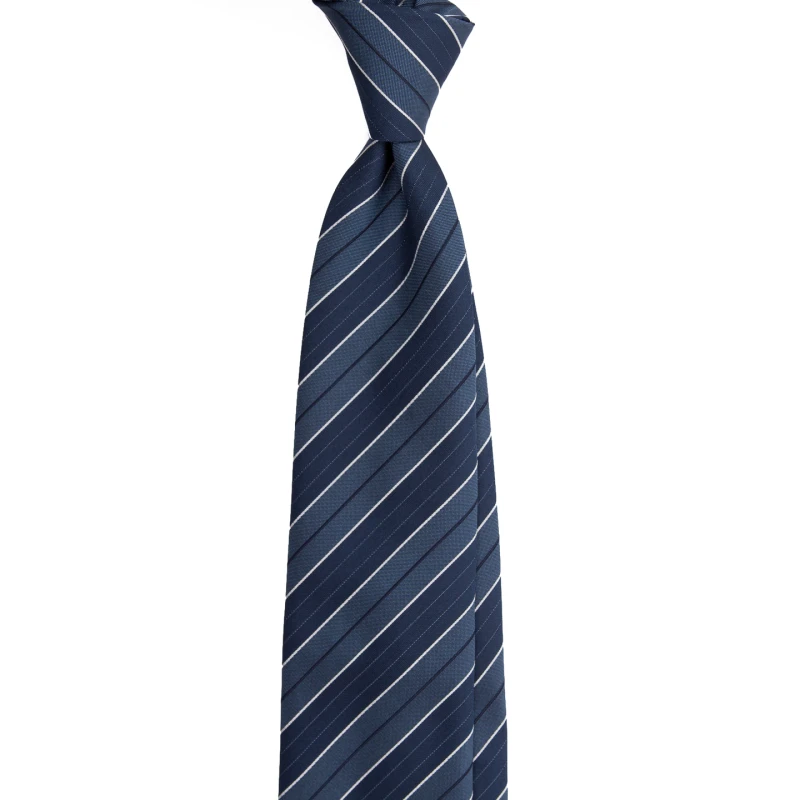 A navy silk jacquard tie with steel blue stripes and white pinstripes, tied in a knot