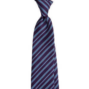 An aubergine silk jacquard tie with blue stripes, tied in a knot