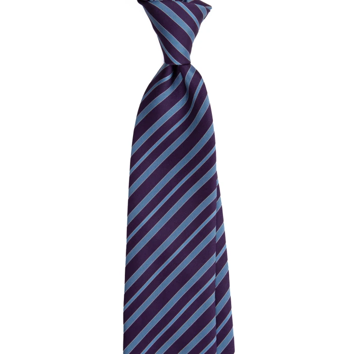 An aubergine silk jacquard tie with blue stripes, tied in a knot