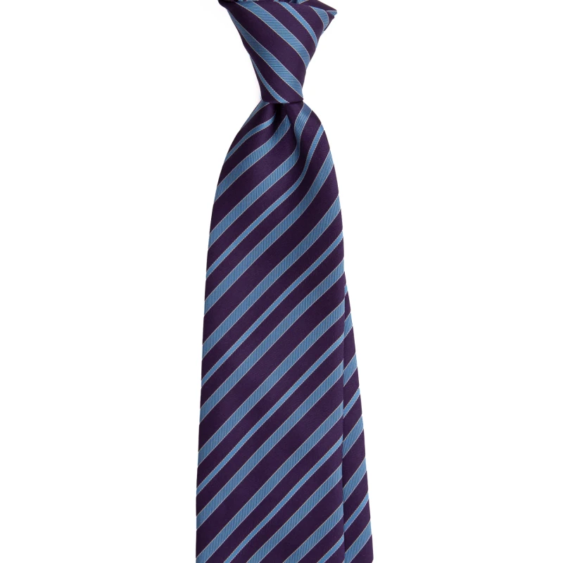 An aubergine silk jacquard tie with blue stripes, tied in a knot