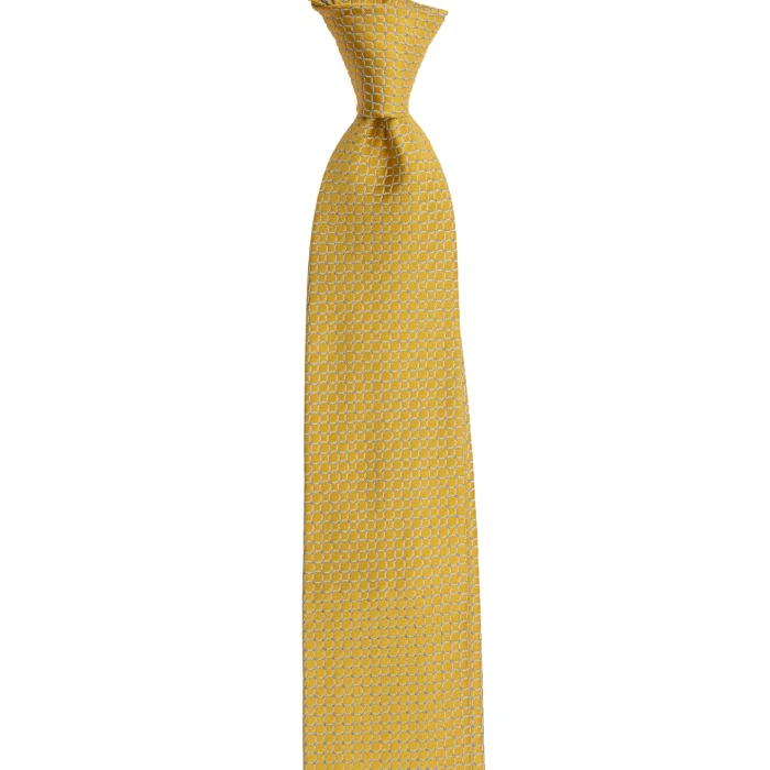 A yellow silk jacquard tie with a circle pattern and blue accents, tied in a knot