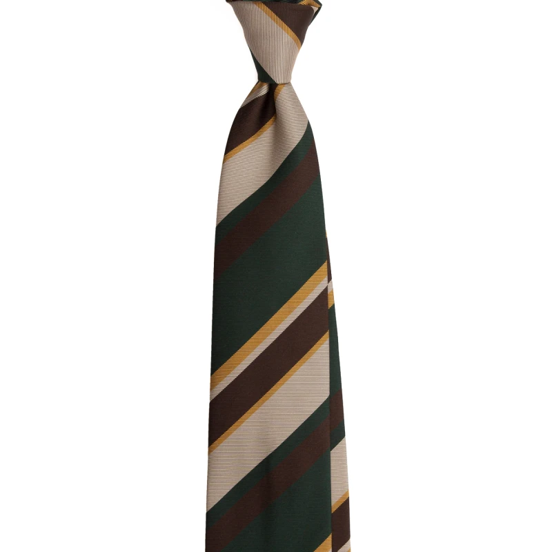 A green silk jacquard tie in brown and beige stripes with a gold pinstripe, tied in a knot