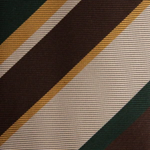 A close-up of a green silk jacquard tie in brown and beige stripes with a gold pinstripe