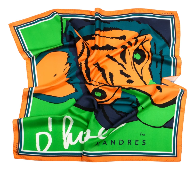 Green and orange scarf with a cat print