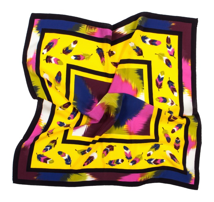 Yellow silk scarf with feather pattern