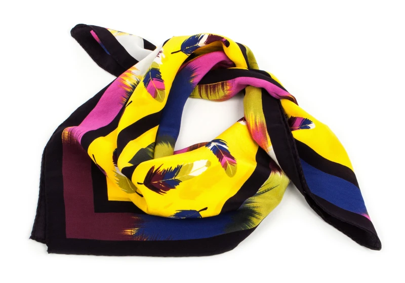 Yellow silk scarf with feather pattern