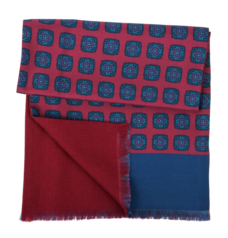 Burgundy silk scarf with navy blue flowers with a burgundy wool lining SSW15039