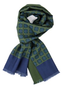 Green silk scarf with navy floral patterns and a green wool lining