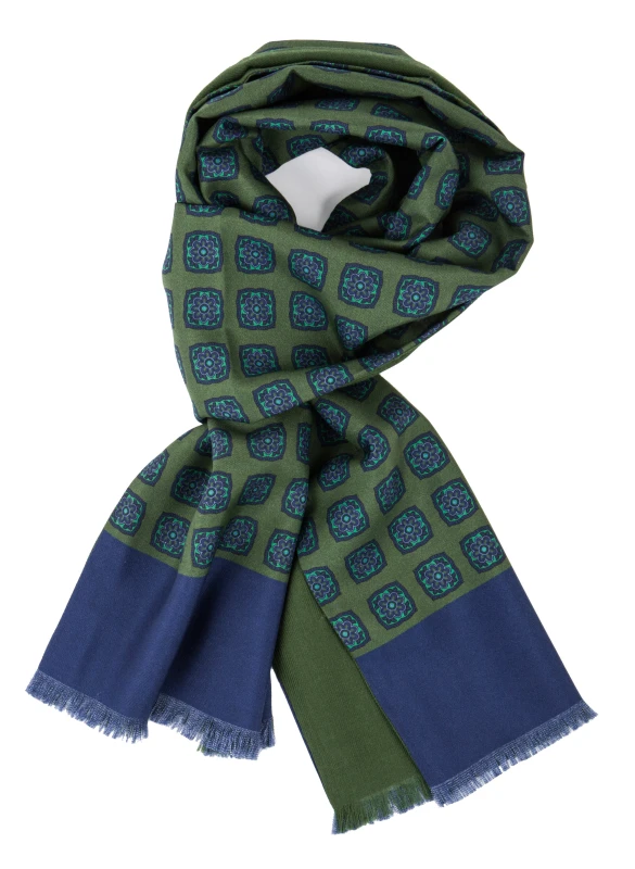 Green silk scarf with navy floral patterns and a green wool lining