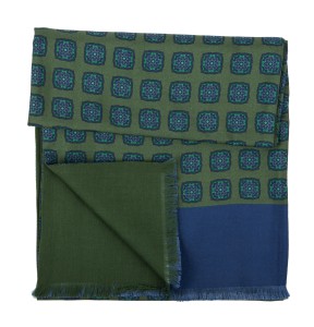 Green silk scarf in navy blue flowers with a green wool lining