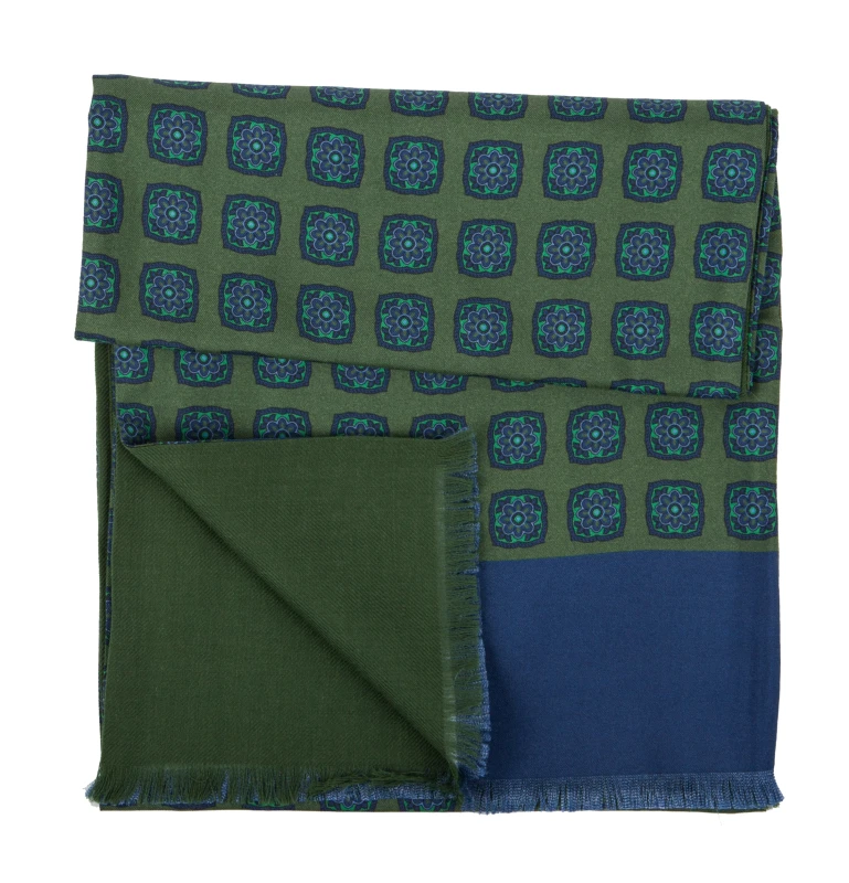 Green silk scarf in navy blue flowers with a green wool lining
