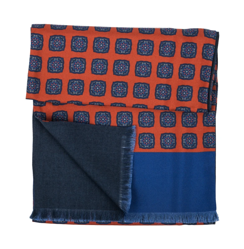Rust silk scarf with navy blue flowers and a graphite wool lining