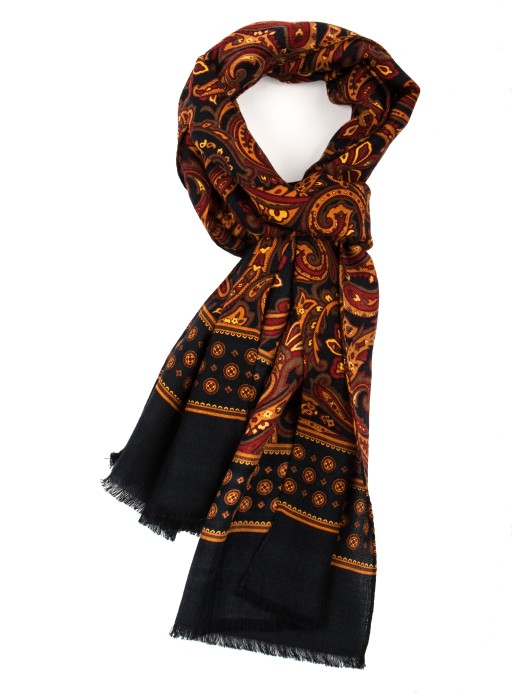 Dark navy wool scarf with a yellow-brown floral acanthus pattern
