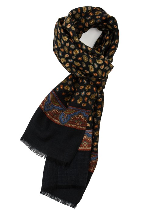 Dark navy scarf with a fine paisley pattern in green, yellow, blue, and brown, finished with a border and decorative fringes