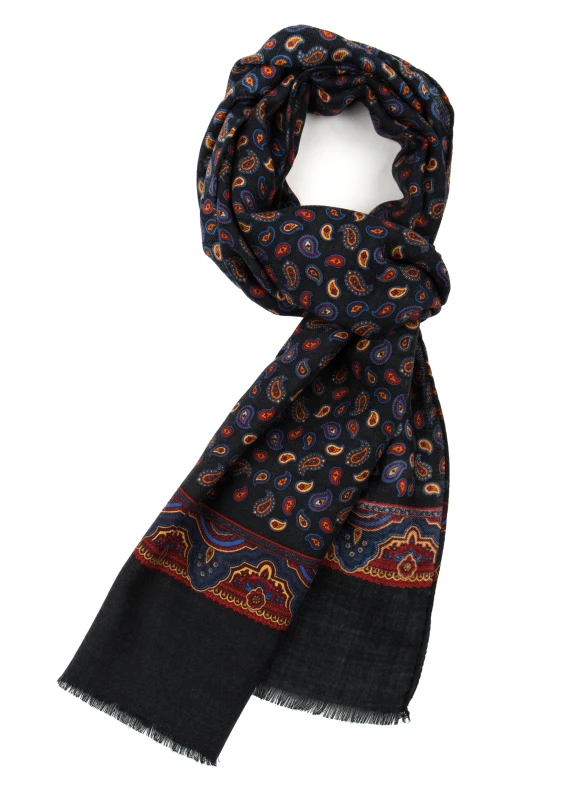 Elegant dark navy scarf with a delicate paisley pattern in burgundy, yellow, and blue tones