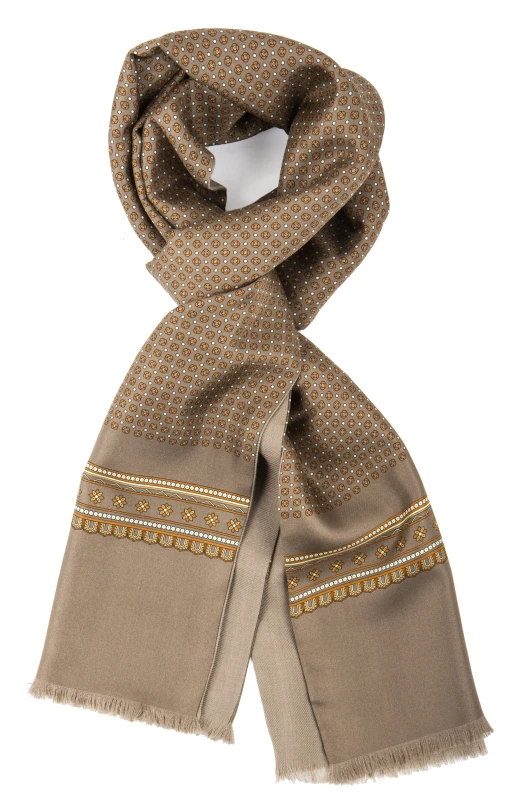 Light brown silk scarf with floral pattern and wool lining