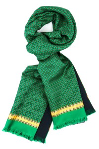Green silk scarf with colorful floral pattern in navy and red