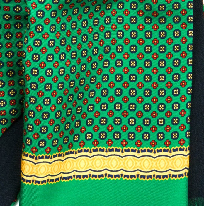 Green silk scarf with colorful floral pattern in navy and red - structure