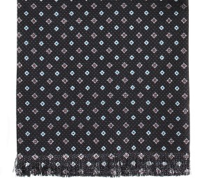Black ascot with blue and gray squares made of silk jacquard