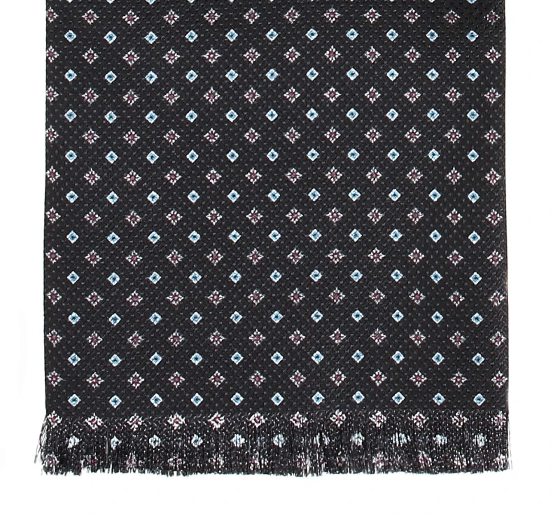 Black ascot with blue and gray squares made of silk jacquard