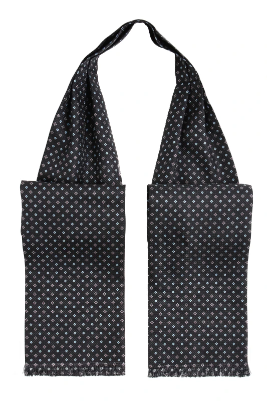 Black ascot with blue and gray squares made of silk jacquard