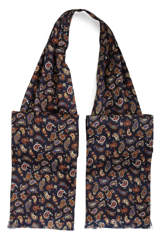 Dark navy blue silk ascot with paisley pattern