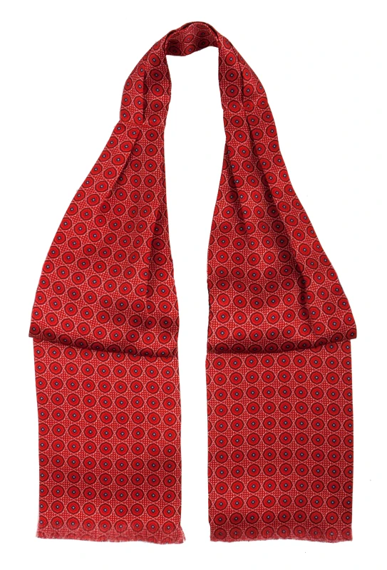 Red silk ascot with geometric pattern
