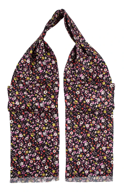 Black silk ascot with multicoloured floral pattern