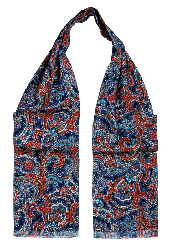 Blue silk ascot with red paisley patten