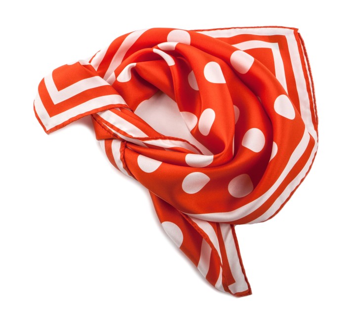 Orange silk scarf with white polka dots and a border