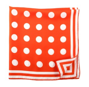 Orange silk scarf with white polka dots and a border