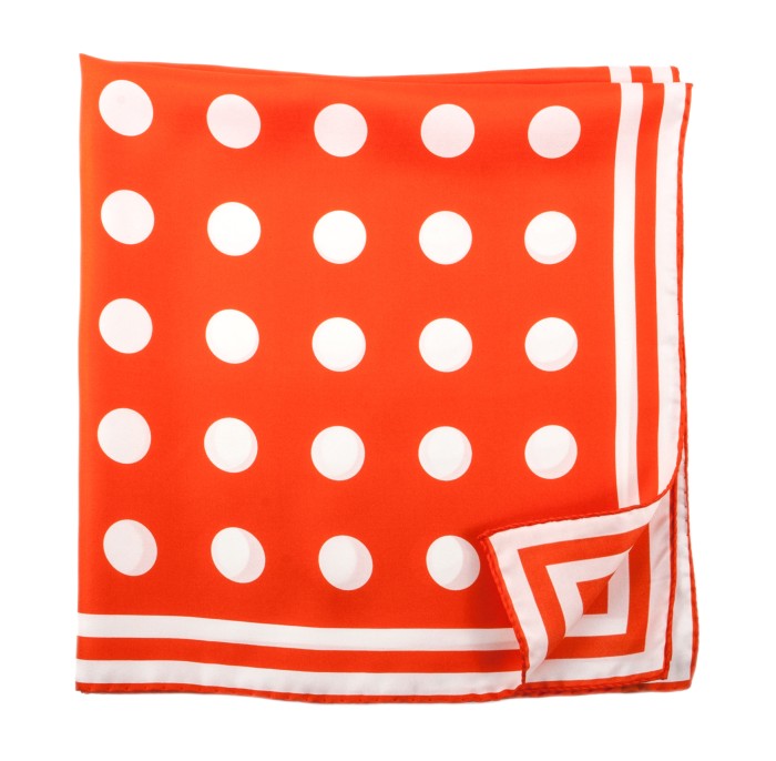 Orange silk scarf with white polka dots and a border