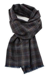 Brown scarf with a grey and blue checkered pattern, made from soft, pleasant-to-the-touch Italian wool