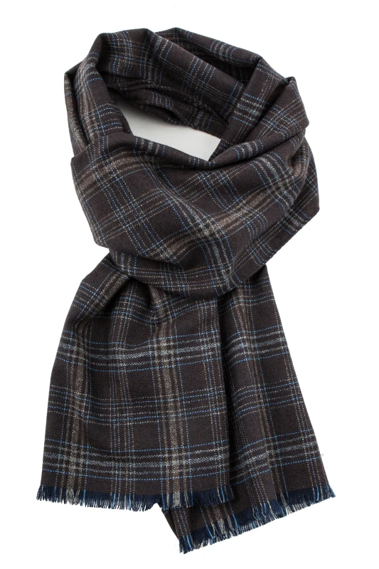 Brown scarf with a grey and blue checkered pattern, made from soft, pleasant-to-the-touch Italian wool