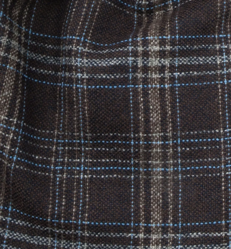 Brown scarf with a grey and blue checkered pattern, made from soft, pleasant-to-the-touch Italian wool - pattern