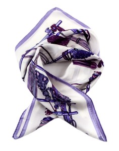 Milky white silk scarf with pompoms in shades of purple and pink