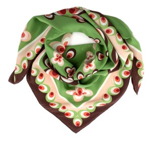 Green silk scarf with a floral pattern in the style of the 60s