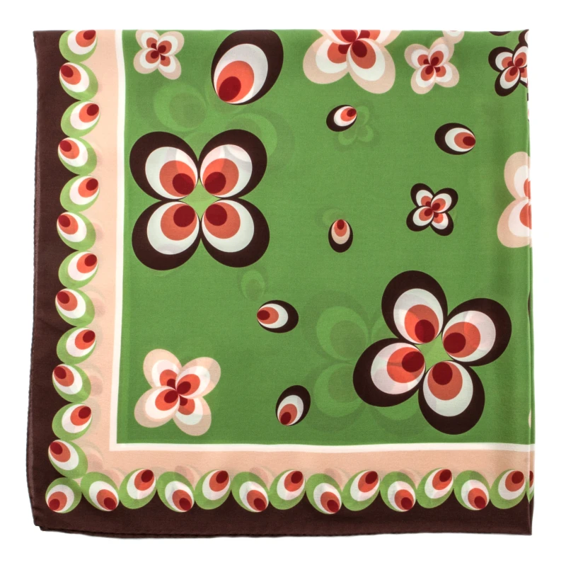 Green silk scarf with a floral pattern in the style of the 60s