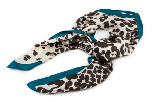 Creamy silk scarf with brown spots and turquoise border