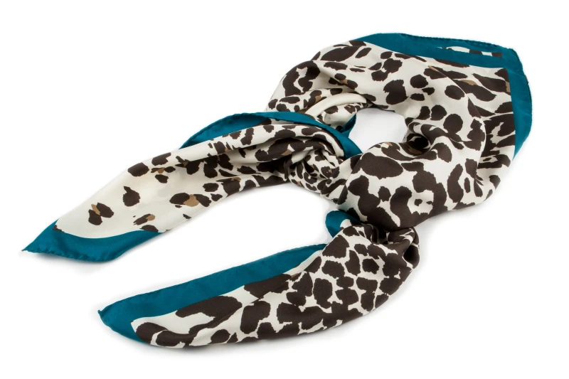 Creamy silk scarf with brown spots and turquoise border